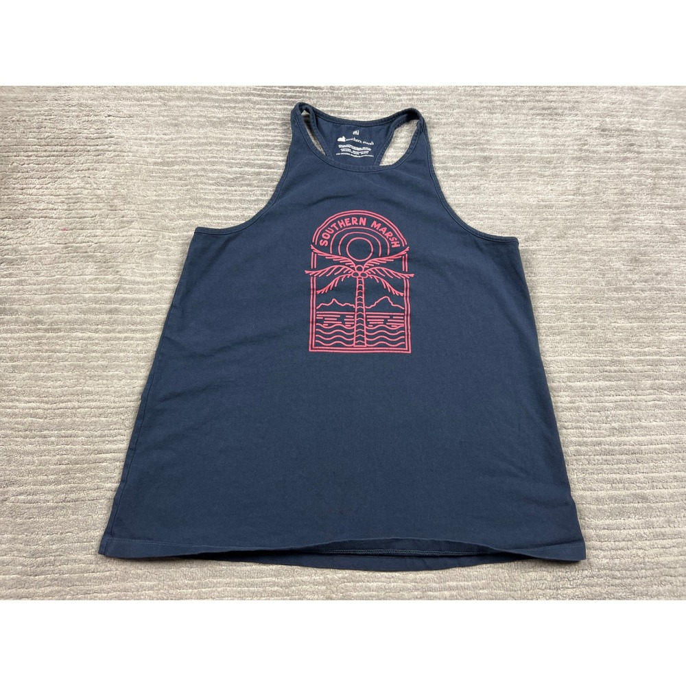 Southern Marsh Tank Top Womens XL Navy Blue Palm Tree Graphic Racerback Cotton